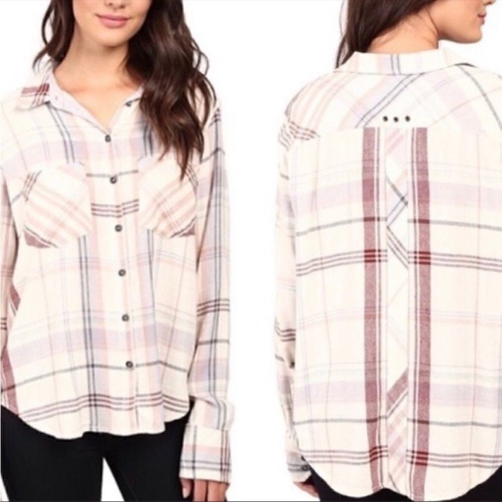Free People Wesley plaid button up flannel shirt cream and pink size xsmall